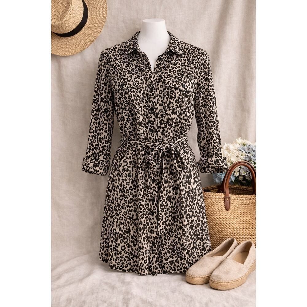 Cloth & Stone Leopard Print Shirt Dress Belted Button Front Small Chic Flowy